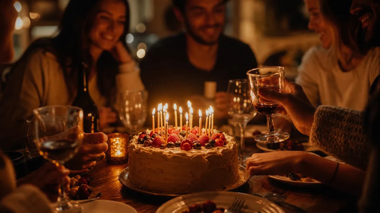 Lit birthday cake on a warm table surrounded by friends