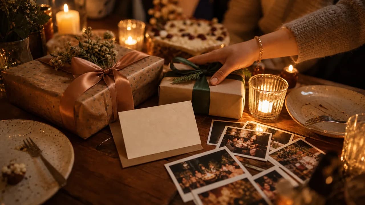 Wrapped birthday gifts, blank note card, and small photo prints on a candlelit table