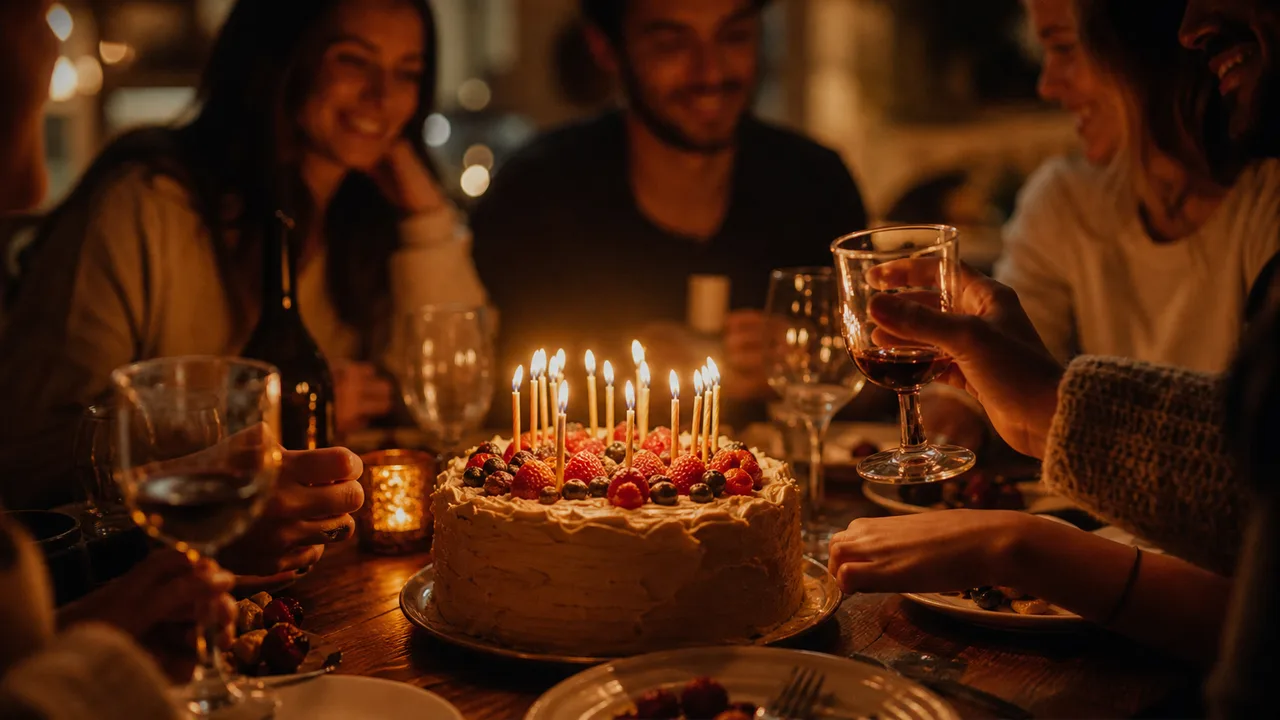 Lit birthday cake on a warm table surrounded by friends