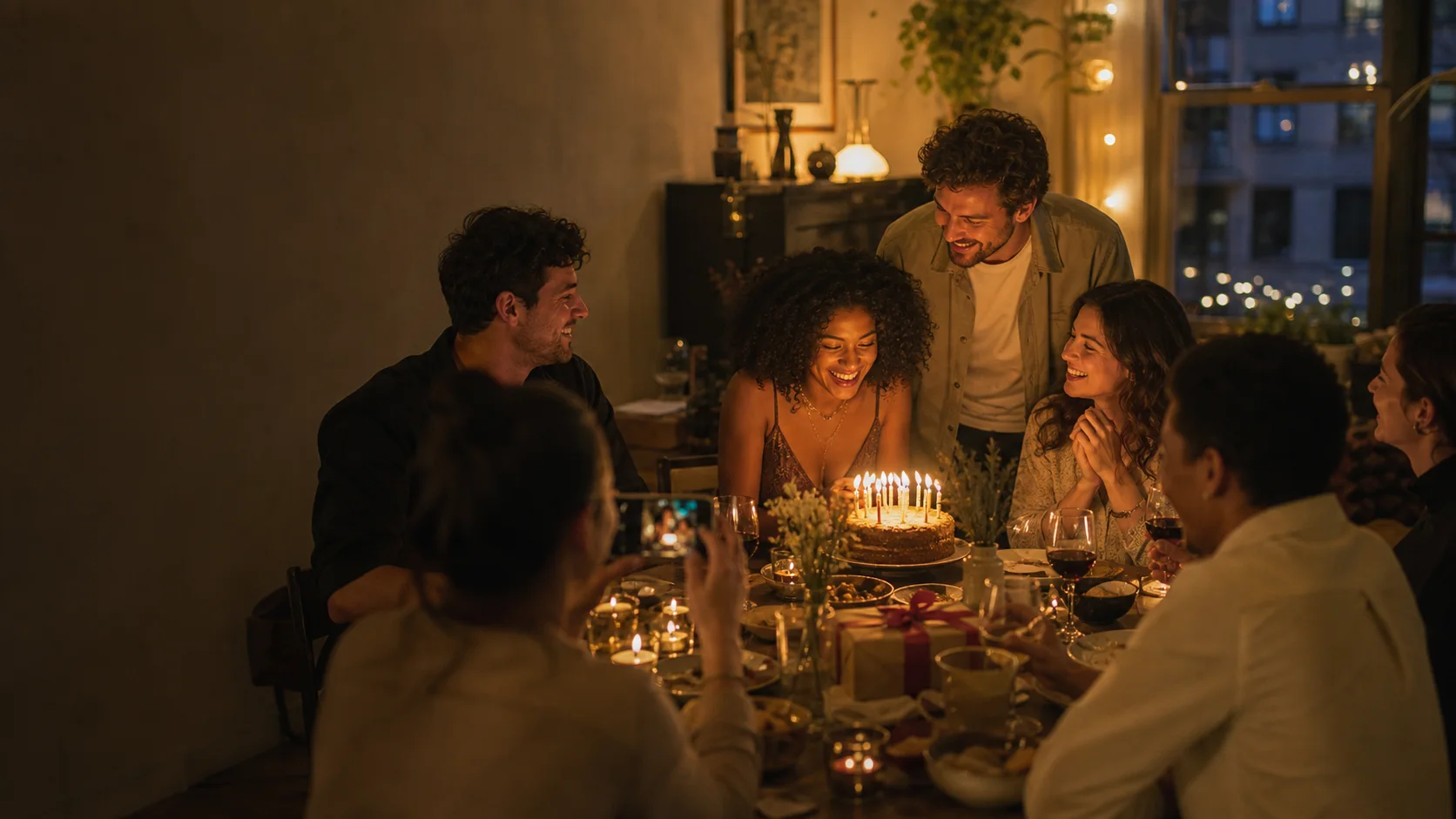 Friends gathered around a birthday cake in a warm apartment memory scene