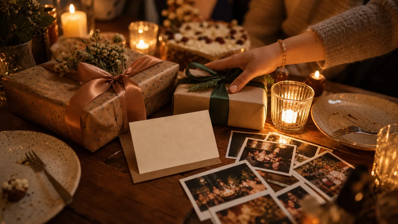 Wrapped birthday gifts, blank note card, and small photo prints on a candlelit table