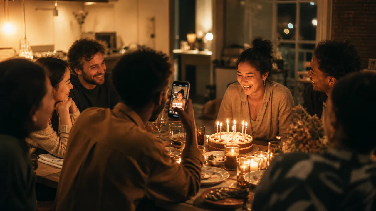 Friends laughing as a phone captures the birthday moment