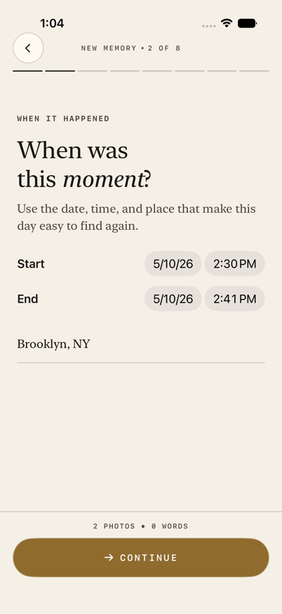 SceneMark app screenshot showing the date confirmation step