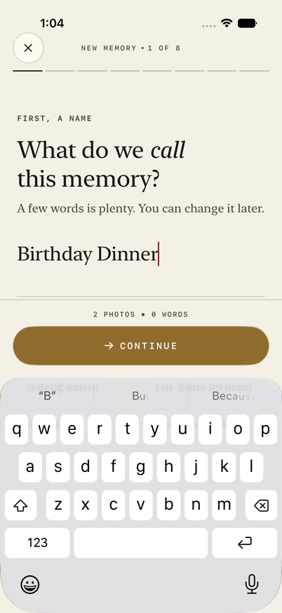 SceneMark app screenshot showing the first new memory naming step
