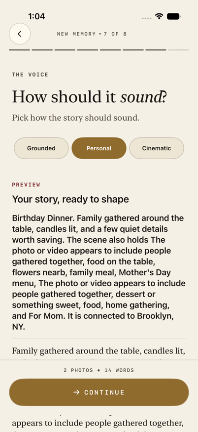SceneMark app screenshot showing story tone choices and a draft preview
