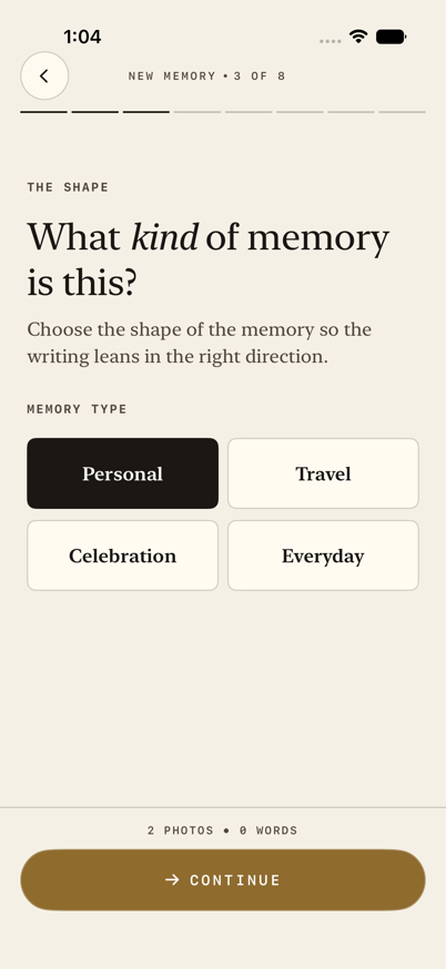 SceneMark app screenshot showing memory type choices